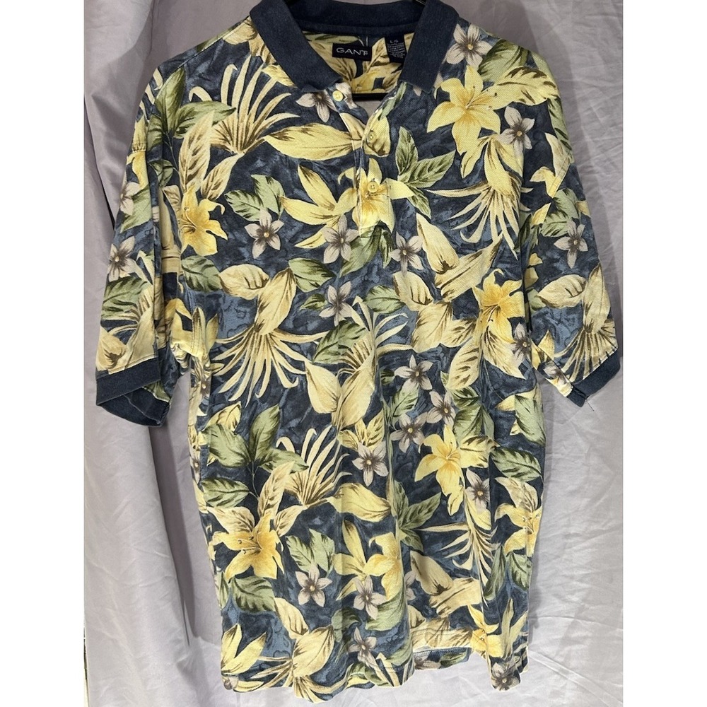 GANT Mens L Tropical Floral Polo Shirt Blue Yellow 100% Cotton Short Sleeve